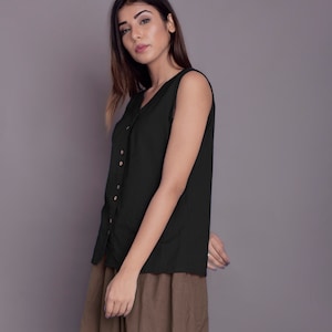 V neck tank top| Front Buttoned Tank Top| Tank Top with Front Opening| Linen Tank Top |Casual Tank Top -(26)