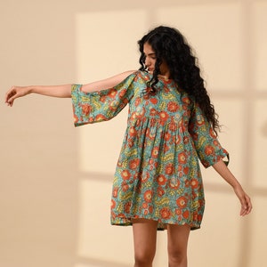 Floral Print Cotton Linen Midi Dress with Pockets - Bell Sleeve Spring Dress