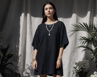 Linen Drop Shoulder Mini Dress: Loose and Comfortable