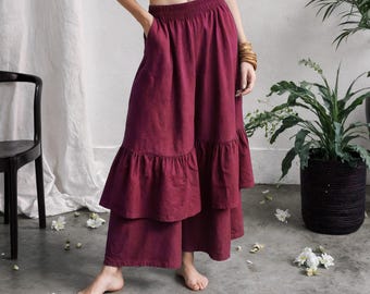 Wide Leg Linen Peplum Pants: Elastic Waist, Side Pockets