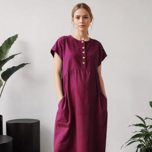 Linen Maternity Dress with Front Buttons, Short Sleeves & Side Pockets | Comfortable Stylish Pregnancy Wear | Mom To Be Dress