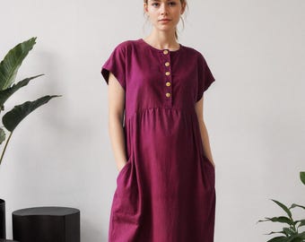 Linen Maternity Dress: Button-Front Pregnancy Gown with Pockets