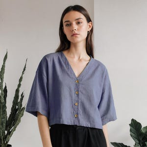 Linen Crop Top: V-Neck Boxy Blouse, Wooden Buttons, Made-to-Measure