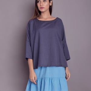 Top oversize con vestibilità ampia e maniche a sbuffo, top oversize, top in lino morbido lavato oversize -(33)