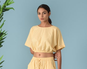 Elastic waist crop top, Linen Crop top, Linen cropped top, Elastic crop top, Natural linen crop top, Short linen top,Oversized crop top-(55)