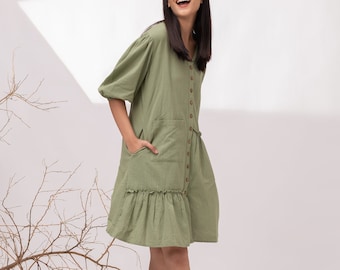 Ruffle Sleeve Linen Midi Dress: Button Down Summer Dress with Pockets