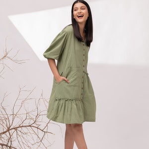 Ruffle Sleeve Linen Midi Dress: Button Down Summer Dress with Pockets