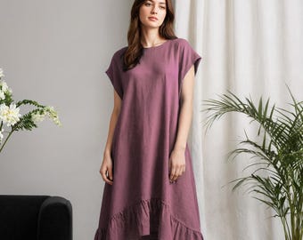 Linen Asymmetrical Dress with Pockets: 3/4th Sleeves and Peplum at Bottom