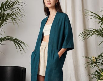 Linen Kimono Robe: Wrap Top with Pockets and Detachable Belt