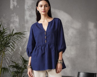 Blusa de lino con peplum, estilo bohemio, con botones y volantes para mujer