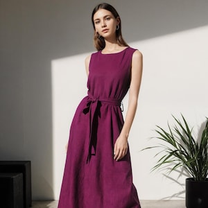 Ärmelloses Leinenkleid mit Taschen: Minimalistisches A-Linien-Baumwoll-Leinengemisch
