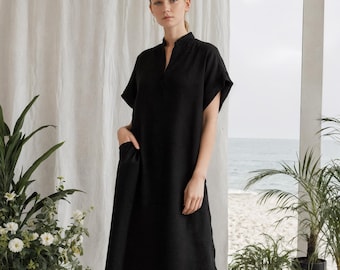 Linen Drop Shoulder Maxi Dress: Side Seam Pockets and Slits