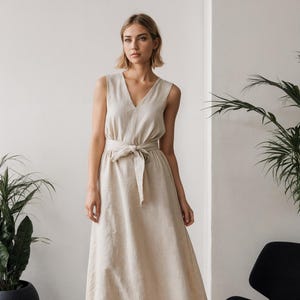 Linen Midi Dress: Sleeveless V-Neck A-Line Summer Dress