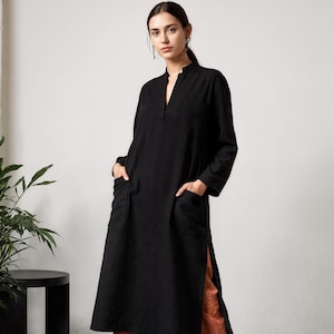 Vestido camisero de lino: Kurta larga con bolsillos y aberturas