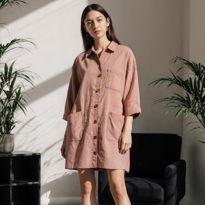 Relaxed Fit Linen Shirt Dress with Patch Pockets Comfortable Long Shirt for Women 3/4 Sleeve Tunic