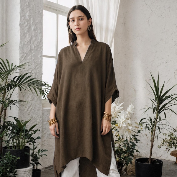 Linnen hoog-laag tuniekjurk | Comfortabele tuniek met V-hals en zijsplitten
