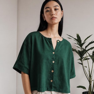 Linen Boxy Crop Top: Relaxed Fit Button-Down Blouse