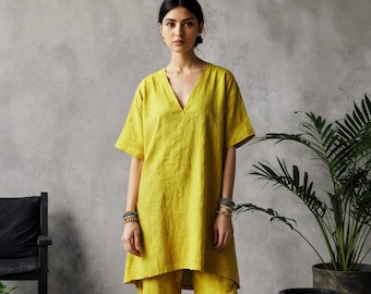 Linen Kurta Pajama Set: Relaxed Fit V-Neck Co-ord