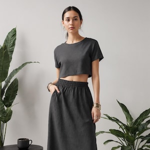 Linen Skirt Set: Relaxed Fit Crop Top and Midi Skirt with Pockets