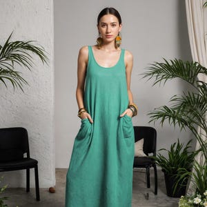 Linen Maxi Dress with Pockets - Sleeveless Summer Casual