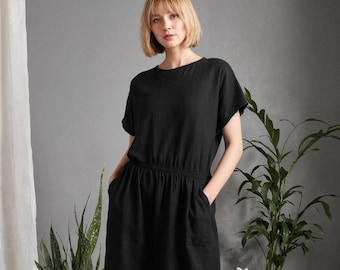 Linen Midi Dress with Pockets: Elasticised Waist, Pockets, Left Side Slit