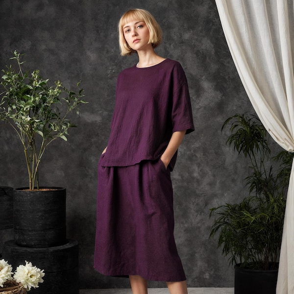 Linen Skirt and Blouse Set: Relaxed Fit Midi with Pockets