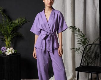 Kimono-Hosen-Set aus Leinen: Entspannte Passform mit Taschen