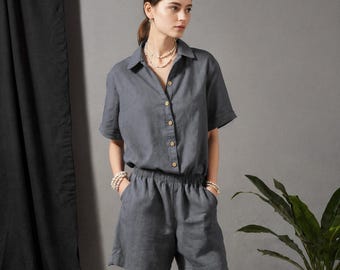Conjunto de pantalones cortos y camisa de lino: conjunto de lino de corte relajado