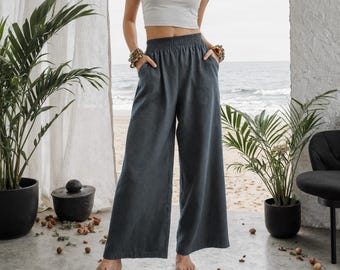 Relaxed Linen Pants with Elastic Waistband and Side Pockets | Summer Linen Bottoms