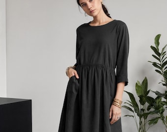 Linen Maxi Dress with Pockets: Tiered Boho 3/4 Sleeve