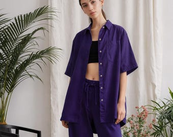 Linen Shirt and Pants Set: Relaxed Fit with Pockets, Wooden Buttons