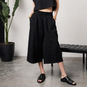 Linen Culottes | Wide Leg Cropped Linen Skirt Pants with Elastic Waistband and Side Pockets | Summer Linen Pants for Women