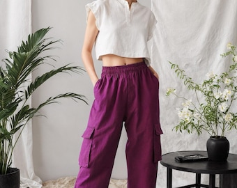 Pantaloni cargo in lino: vita elasticizzata, taglio dritto, tasche laterali