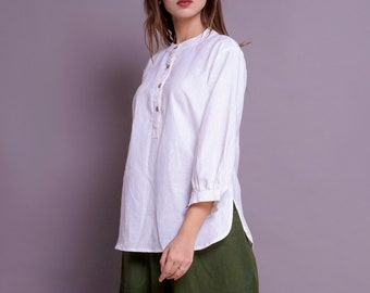 Loose Fit Linen Blouse: 3/4 Sleeve Casual Tunic Top