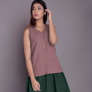 V Neck Tank Top | Front Buttoned Tank Top | Tank Top with Front Opening | Casual Linen Tank Top for Women | Sleeveless Summer Top - 26