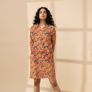 Back Open Printed Dress | Linen Midi Dress | 3/4th Sleeve Dress | Cotton Knee Length Shirt Dress | Orange Floral Dress | Summer Tangy Dress