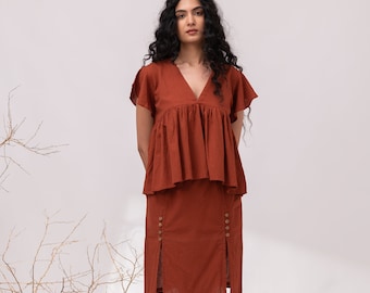 Linen Midi Skirt with Slits and Pockets