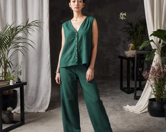 Linen Lounge Set: Sleeveless V Neck Button Down Top & Ankle Pants - Custom Made