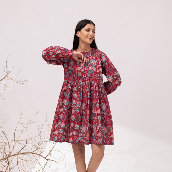 Linen Puff Sleeve Dress | Midi Dress | Dress with Pockets | Button Down Dress | High Waist Dress | Loose Floral Dress | Printed Spring Dress