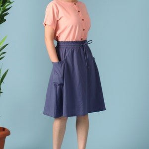 Midi skirt with drawstring, Skirt with Pockets, Linen skirt for women, Knee Length skirt, Made to order skirt, Ruffle waist skirt-(6)