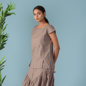 Linen Cap Sleeve Blouse | Casual Linen Top | Linen Top with Slits | Basic Linen Top | Blouse with Side Slits | Summer Cap Sleeve Top -(54)
