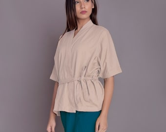 Oversized Linen Kimono Wrap Top: Handmade Tie Blouse