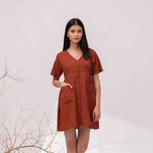 Linen Mini Dress: V-Neck with Pockets - Redwood Summer Dress