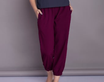 Linen Yoga Jogger Pants: Women's Relaxed Fit Elastic Cuff Trousers