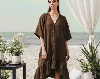 Linen High Low Tunic Dress | Boho Button Down Dress with V Neck and Gathers Above Hem