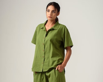 Linen Cuban collar shirt, Shirt with slit, Short Sleeve Linen Shirt, Office Shirt, Washed Linen Shirt, Linen Shirt for Women-(70)