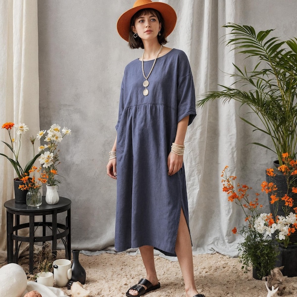 Linen Peplum Dress: Round Neck Indian Tunic with Slits, Empire Waist Dress