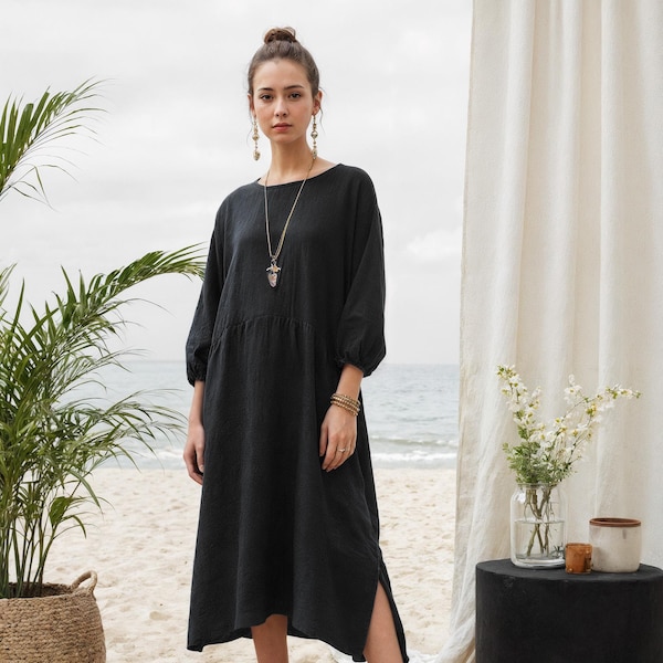 Linen Relaxed Fit Peplum Dress with Pockets: Round Neck, Side Slits