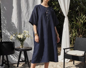 Linen Relaxed Tunic Dress: Round Neck and Side Seam Pockets