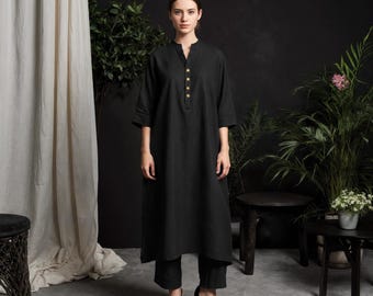 Linen Long Shirt Pant Set: Women's Relaxed Fit 3/4 Sleeve Co-ord